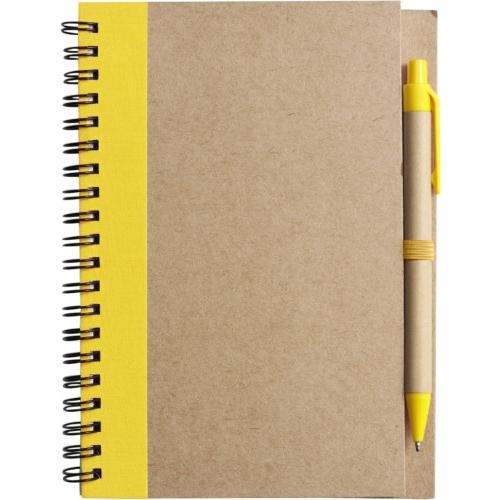 Milieuvriendelijk notitieboekje met balpen geel